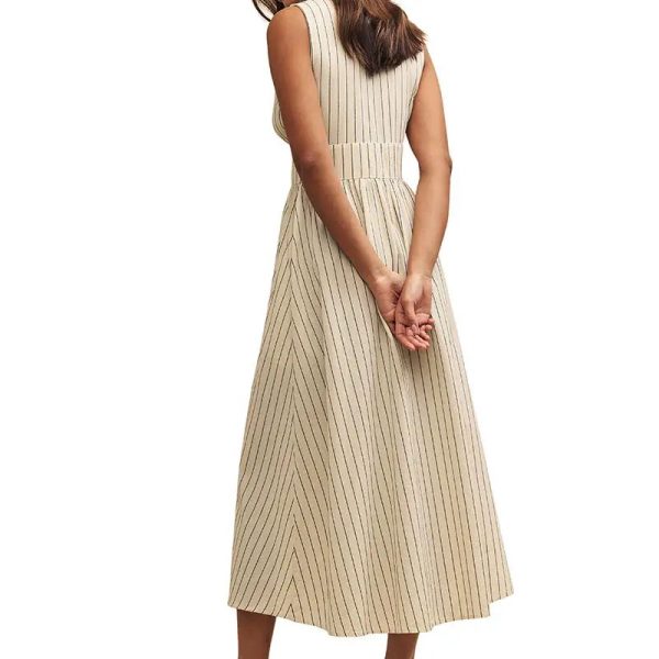 Work Style Lady Office Dress V-neck Side Pockets Stripe Sleeveless Front Button Cotton Maxi Women's Dresses