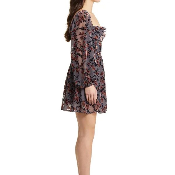 Lady Casual Dress Square Neck Floral Long Sleeve Chiffon Jacquard Corset Mini Elegant Dress - Image 2