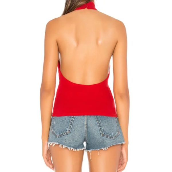 Casual Cotton Ribbed Open Back Halter Top With Button & Ribbon Sexy Summer Tank Tops