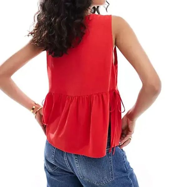 Women's Casual Sweet Sleeveless Tie Side Swing Blouse in Red - Image 2