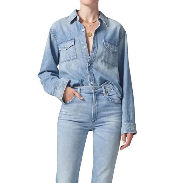 Classic Denim Lady Clothes Spread Collar Long Sleeves Chest Pocket Autumn Shirt Casual Clothes Light Denim Blouse Women