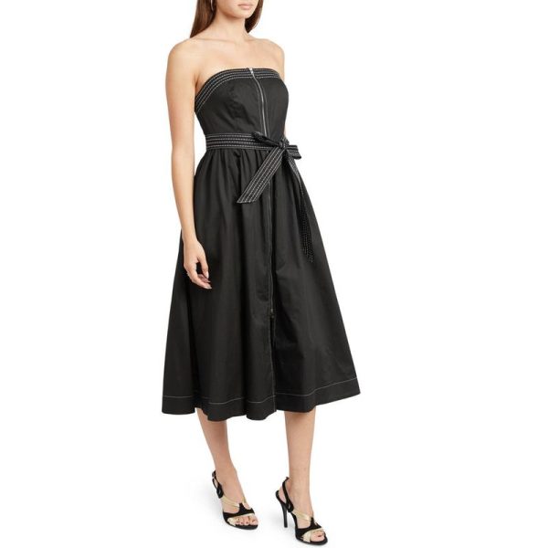 Women's Black Strapless Midi Dress With Belt - Elegant Evening A-Line Dress - Image 2