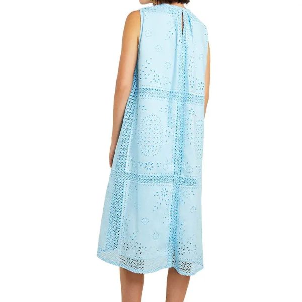 Eyelet Modest Style Women's Solid Sleeveless Embroidered Eyelet Sleeveless Loose Midi Dress - Image 3