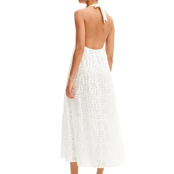 Holiday Style Dainty Eyelet Maxi Dress With Solid Long Plunging Halter A-line Women's Dresses - Image 2