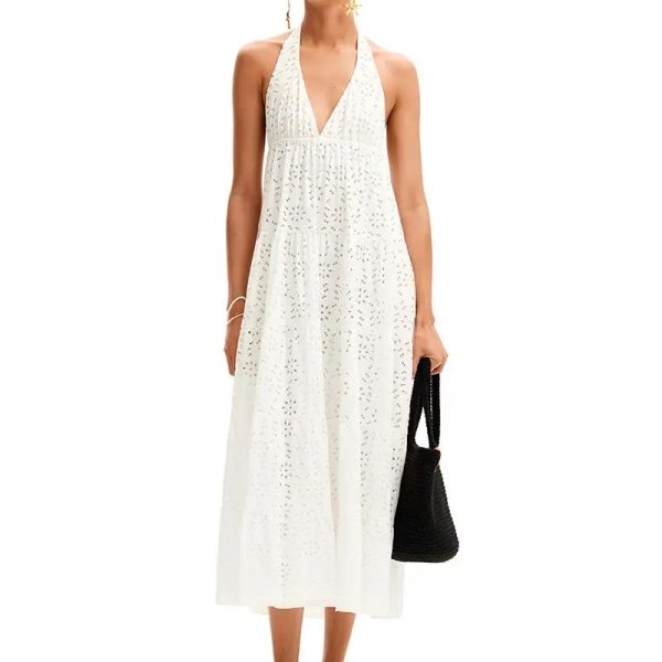 Holiday Style Dainty Eyelet Maxi Dress With Solid Long Plunging Halter A-line Women's Dresses